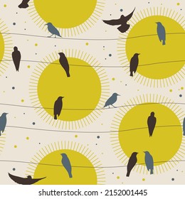 Seamless pattern of birds sitting on electrical wires. Design for card, fabric, print, greeting, cloth, poster, clothes, textile.