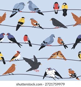 Patrón sin fisuras con pájaros sentados en cables, cables, líneas eléctricas. Animal urbano emplumado encaramado en filas. Fondo interminable, textura, diseño de impresión repetitivo. Ilustración vectorial plana imprimible