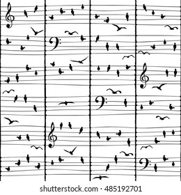 Seamless pattern of birds sitting on electrical wires like musical notes 