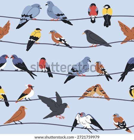 Seamless pattern with birds sitting on wires, cables, power lines. Feathered urban animal perched in rows. Endless background, texture, repeating print design. Printable flat vector illustration