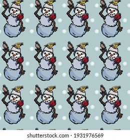 Seamless pattern of birds, snowman and snowflakes, backdrop, print, textile, wallpaper, gift paper, cartoon style, winter, snowflakes, snowman, bullfinch, card, typography, celebration, congratulation