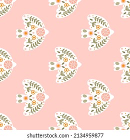 Seamless pattern with birds and spring flowers in delicate pastel colors. Minimalistic illustration bird in flat style for fabric, wallpaper and textiles. Vector