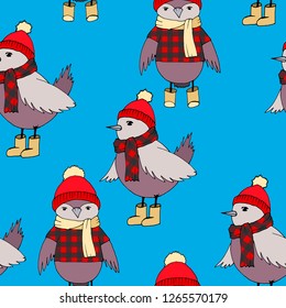 Seamless pattern with birds in the style of a cartoon in winter clothes