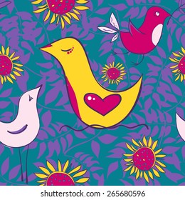 Seamless pattern with birds and sun flowers on a bright background. Vector illustration
