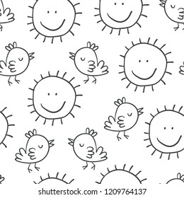 Seamless pattern with birds and sun kids pencil line sketchy doodles. Perfect for t-shirt print design and textile