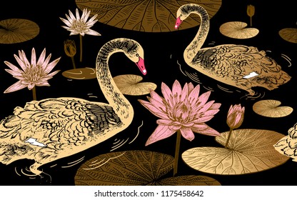 Seamless pattern with birds swans, flowers and leaves of water lily. Vector illustration art. Vintage engraving. Printing with gold foil, black, white and pink. Template for paper, textiles, wallpaper