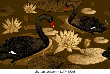 Seamless pattern with birds swans, flowers and leaves of water lily. Vector illustration art. Vintage engraving. Printing with gold foil, black, white and red. Template for paper, textiles, wallpaper