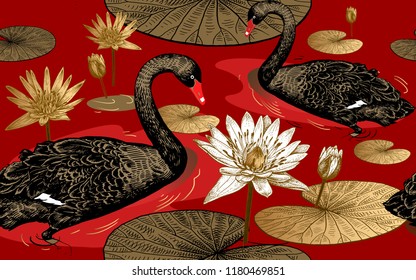 Seamless pattern with birds swans, flowers and leaves of water lily. Vector illustration art. Vintage engraving. Printing with gold foil, black, white and red. Template for paper, textiles, wallpaper