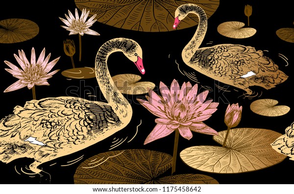 Seamless pattern with birds design wallpaper for walls. Swans, flowers and leaves of water lily. Vector illustration art. Vintage engraving. Printing with gold foil, black, white and pink. Template for paper, textiles, wallpaper.