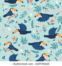 Seamless pattern birds toucans and flowers. Vector graphics.