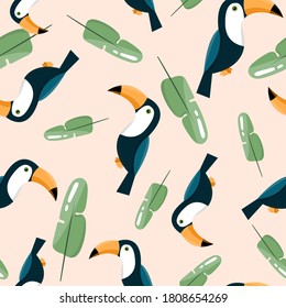 
seamless pattern with birds toucans on a pink background. print for design of clothes, fabric, children's room, postcards.