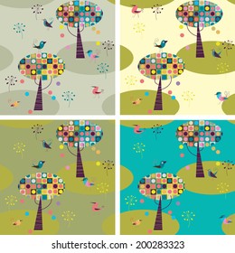 seamless pattern with birds and trees