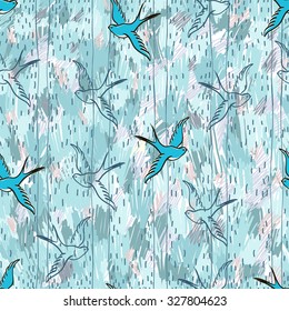 Seamless pattern with birds and trees. Artistic pattern with crayons. Vector illustration.