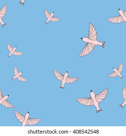 Seamless pattern with birds in trendy Pantone colors Rose Quartz and Serenity