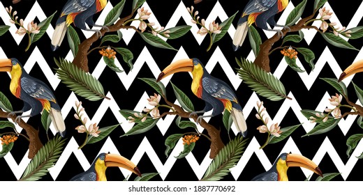 Seamless pattern with birds and tropical leaves and flowers. Vector