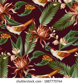 Seamless pattern with birds and tropical leaves and flowers. Vector