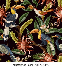 Seamless pattern with birds and tropical leaves and flowers. Vector