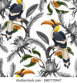 Seamless pattern with birds and tropical leaves and flowers. Vector