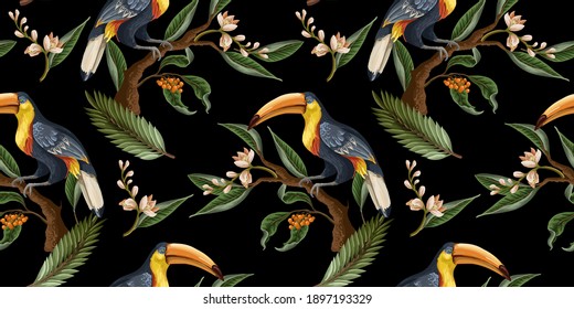 Seamless pattern with birds and tropical leaves and flowers. Vector