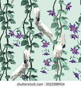 Seamless pattern with birds and tropical leaves and flowers. Vector