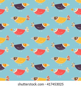 Seamless pattern with birds. Tropical birds on blue background. Ornament for design, paper, fabric