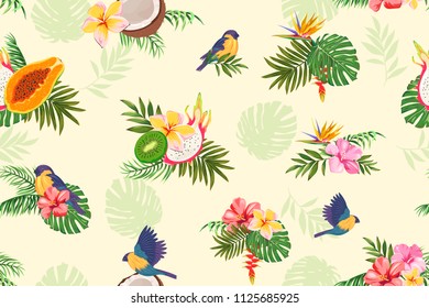seamless pattern with birds, tropical plants and fruits