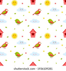Seamless pattern with birds, twigs, birdhouse sun and cloud. Cute cartoon spring, summer flat vector elements. Children's pattern for textiles and packaging. on a transparent background.
