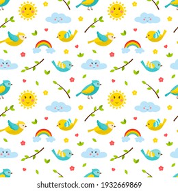 Seamless pattern with birds, twigs, rainbows, sun and cloud. Cute cartoon spring, summer flat vector elements. Children's pattern for textiles and packaging. on a transparent background