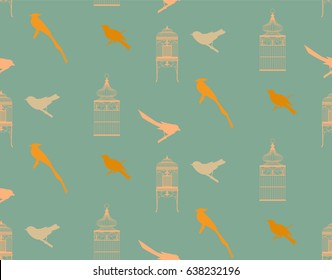 Seamless pattern with birds and vintage birdcage can be used as background, fabric print, texture, wrapping paper, web page backdrop, wallpaper. Vector illustration.