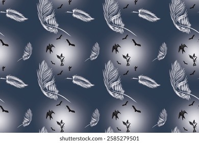 seamless pattern with birds white feathers and black silhouetted birds against a deep navy blue background. The floating feathers symbolize freedom, spirituality, and transcendence