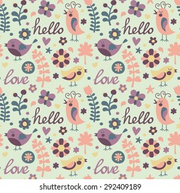 Seamless pattern with birds, words love, hello and flowers for kids