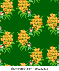 Seamless pattern with birds and yellow orchid flowers on green background. Hummingbird sitting on stem of orchid.