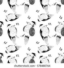 seamless pattern with birds/black and white/ background/ Hand painted illustration/can be used for fashion print design/textile design/fashion graphic/t-shirt/kids wear