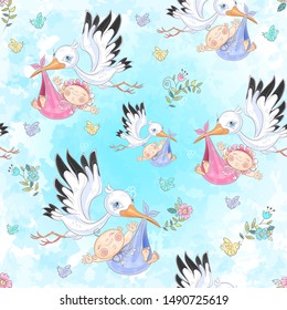 Seamless pattern for the birth of a child. Stork with baby. Vector.