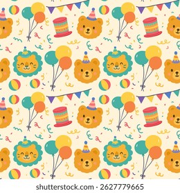 Seamless Pattern with Birthday Animals and Balloons