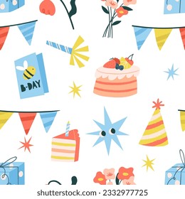 Seamless pattern with birthday attributes. Repeat design