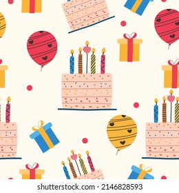 Seamless pattern for a birthday with a cake, balloons and a gift. Vector illustration in flat style