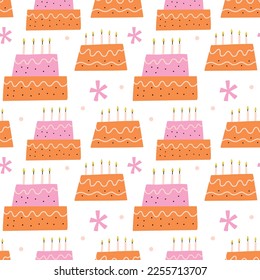 Torta de cumpleaños sin inconvenientes con velas. Niños festivos de fondo vectorial Nacimiento Día Muffin sabroso para impresión, textil, papel envolvente, tela