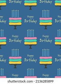 seamless pattern with birthday cake and candles, cartoon vector illustration in flat style, simple design