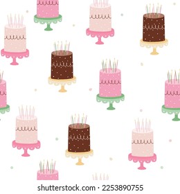 Seamless pattern with Birthday cake and candles. Cute childish print. Vector hand drawn illustration.