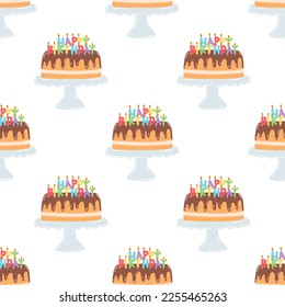 Patrón inmaculado con torta de cumpleaños y velas de estilo plano. Textura vectorial dibujada a mano de pastel de chocolate con crema, postre dulce, pastelería con fondo blanco.