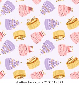 Seamless pattern with birthday cake with candles in cute doodle style. Childish design with holiday clipart for wrapping paper, print, fabric, scrapbook. Bright festive background for kids.