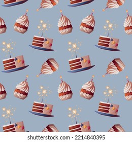 Nahtloses Muster mit Geburtstagskuchen und Kuchen. Geburtstagsfeier, Feier, Feiertag, Veranstaltung, festliches Konzept.Vektorgrafik. Perfekt für Produktdesign, Bildschirmhintergrund, Verpackungspapier.