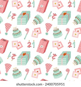 Seamless pattern with birthday cake, gift box, party hat, retro photo in cute doodle style. Design with holiday clipart for wrapping paper, print, fabric, scrapbook. Bright festive background.