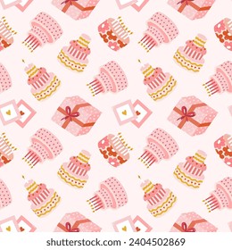 Seamless pattern with birthday cake, gift box, retro photo in cute doodle style. Childish design with holiday clipart for wrapping paper, print, fabric, scrapbook. Bright festive background for kids.