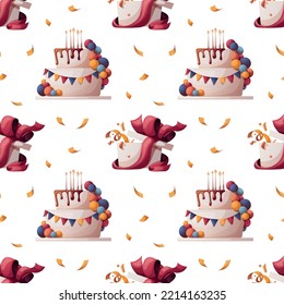 Patrón sin problemas con pastel de cumpleaños, regalos, confeti. Fiesta de cumpleaños, celebración, vacaciones, evento, concepto festivo.Ilustración vectorial. Perfecto para el diseño de productos, papel pintado, papel envolvente.