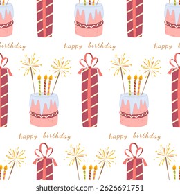 Seamless pattern with birthday cake, gifts and wish. Birthday, holiday, celebration, congratulations, invitation. Vector illustration.