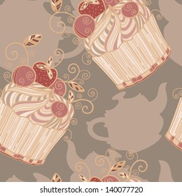 Seamless pattern with birthday cake and  kettles - vector