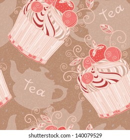 Seamless pattern with birthday cake and  kettles - vector