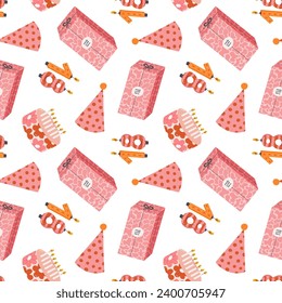 Patrón sin inconvenientes con la torta de cumpleaños, la vela número, la caja de regalo, el sombrero de fiesta al estilo de doodle lindo. Diseño con clipart de vacaciones para envolver papel, impresión, tela, scrapbook. Luminoso fondo festivo.